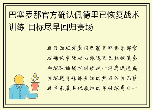巴塞罗那官方确认佩德里已恢复战术训练 目标尽早回归赛场 巴塞罗那官方确认佩德里已恢复战术训练 目标尽早回归赛场