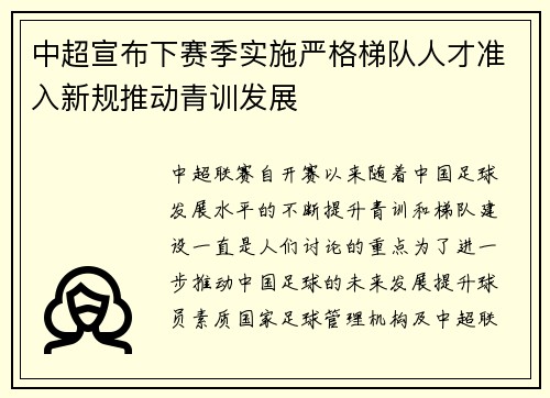 中超宣布下赛季实施严格梯队人才准入新规推动青训发展
